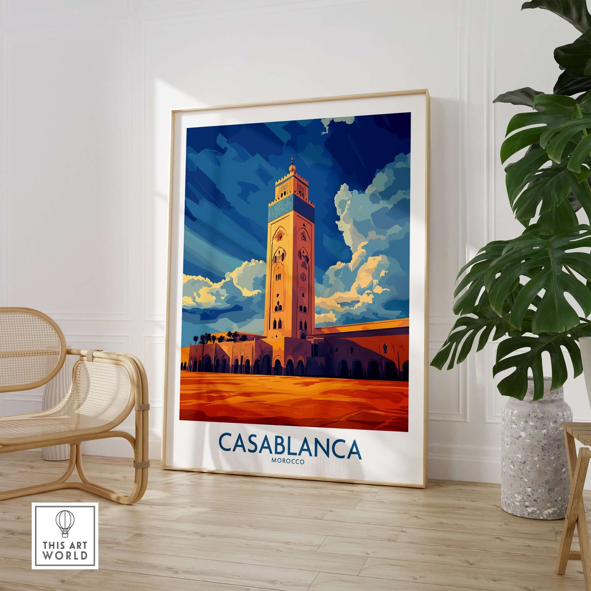 Casablanca Poster Morocco showcasing a vibrant Moroccan landscape with a historic building and bold colors.