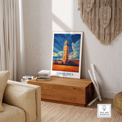Casablanca Poster Morocco displayed in a cozy home setting, featuring vibrant colors and Moroccan architecture.