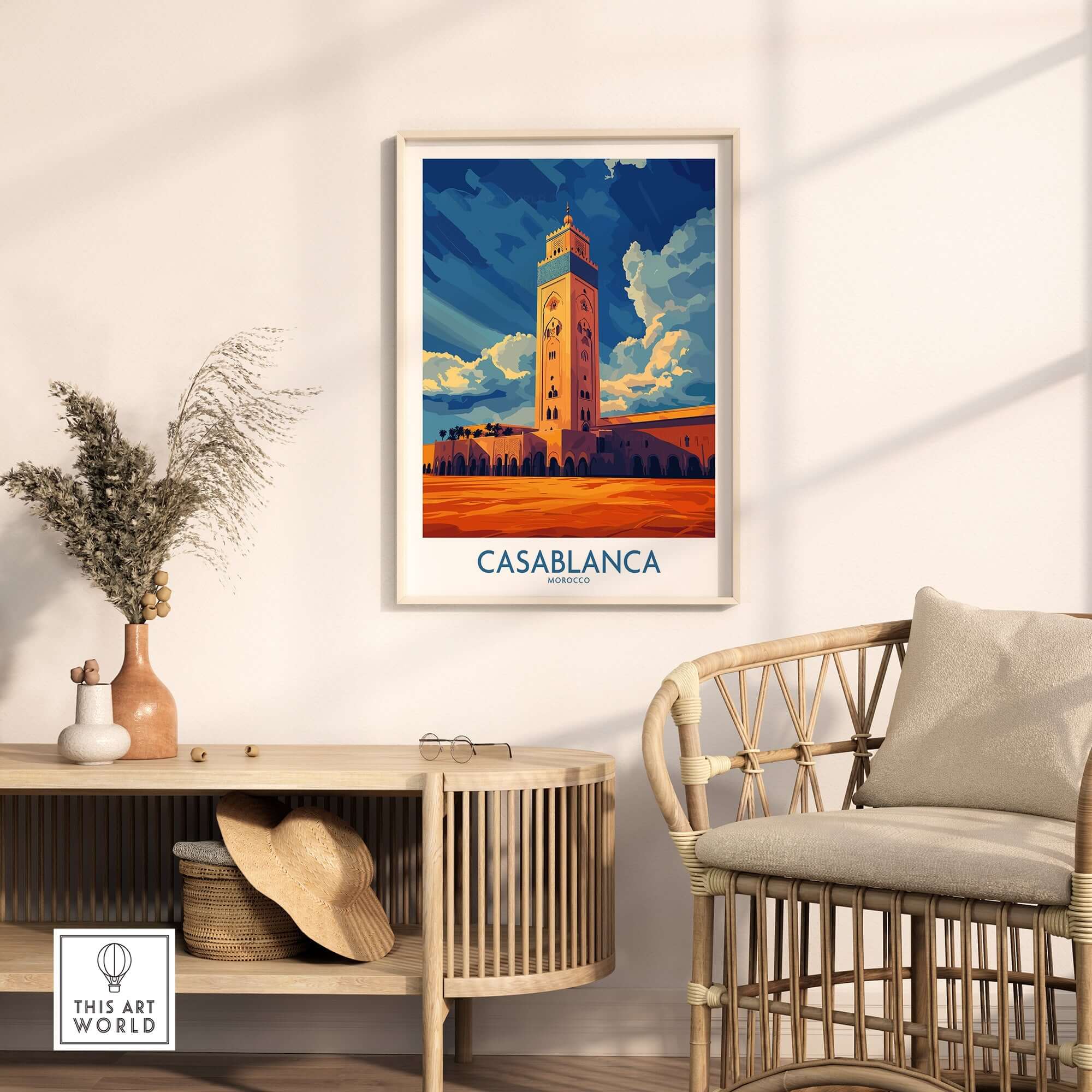 Casablanca Poster Morocco displayed on a wall in a stylish living room with a cozy chair and decorative elements.