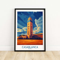 Casablanca Poster Morocco featuring vibrant illustration of a tower in Casablanca, Morocco, capturing its charm and elegance.