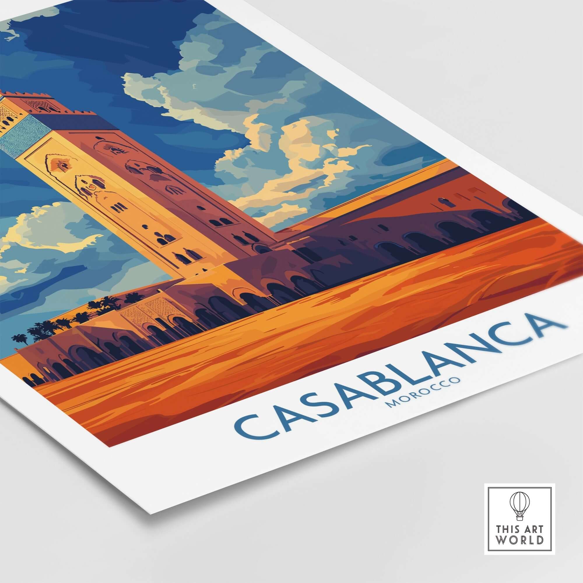 Casablanca Poster Morocco featuring a vibrant illustration of the cityscape in rich colors.