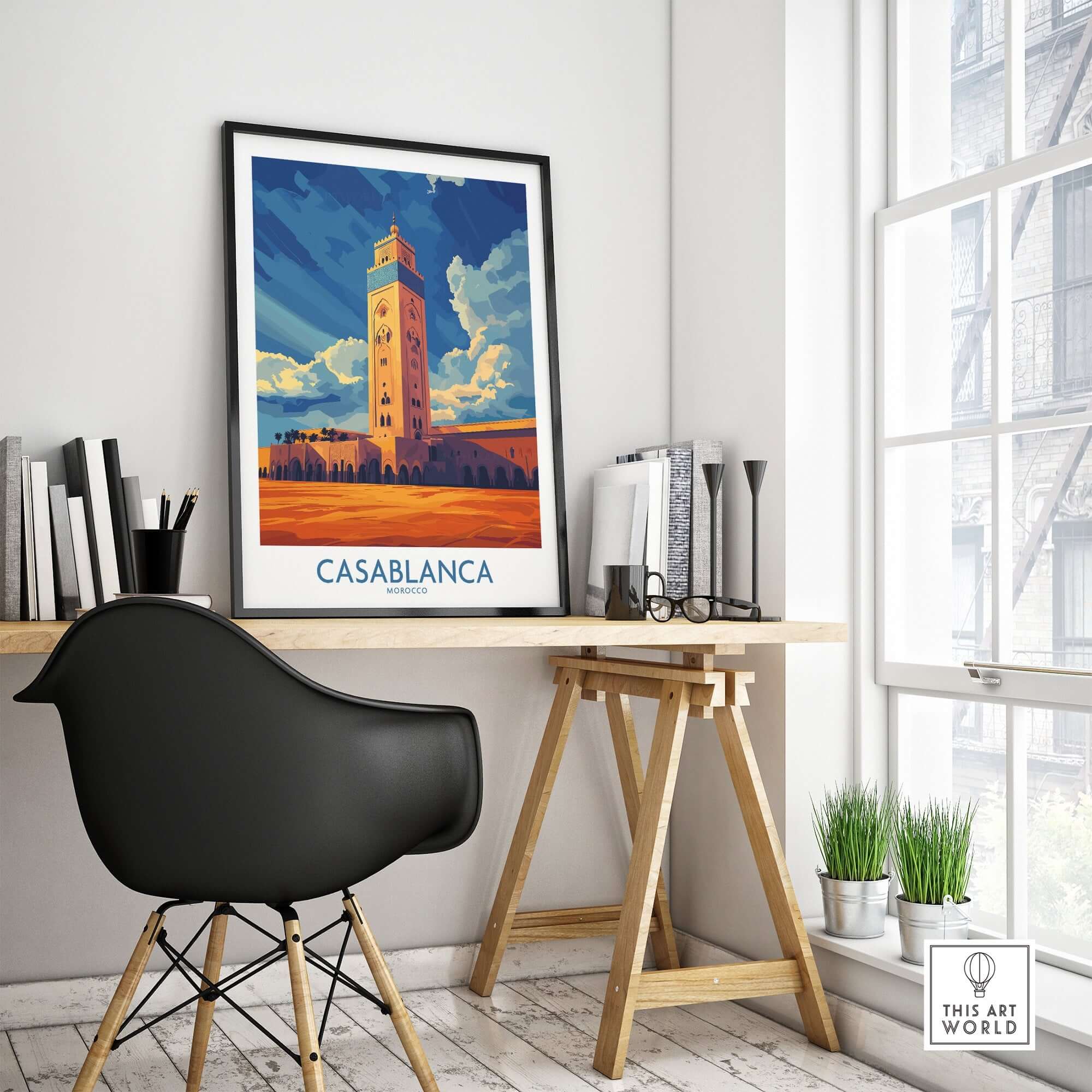 Casablanca Poster Morocco displayed in a stylish office setting with modern decor and natural light.