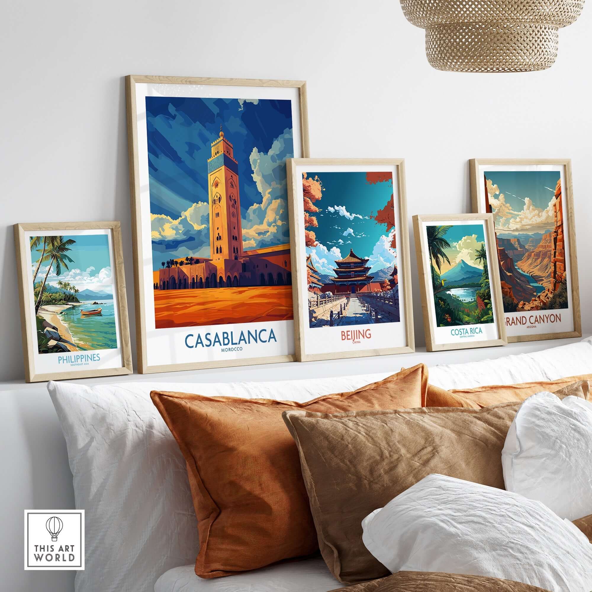 Casablanca Poster Morocco displayed among other travel-themed posters in a stylish home decor setting.