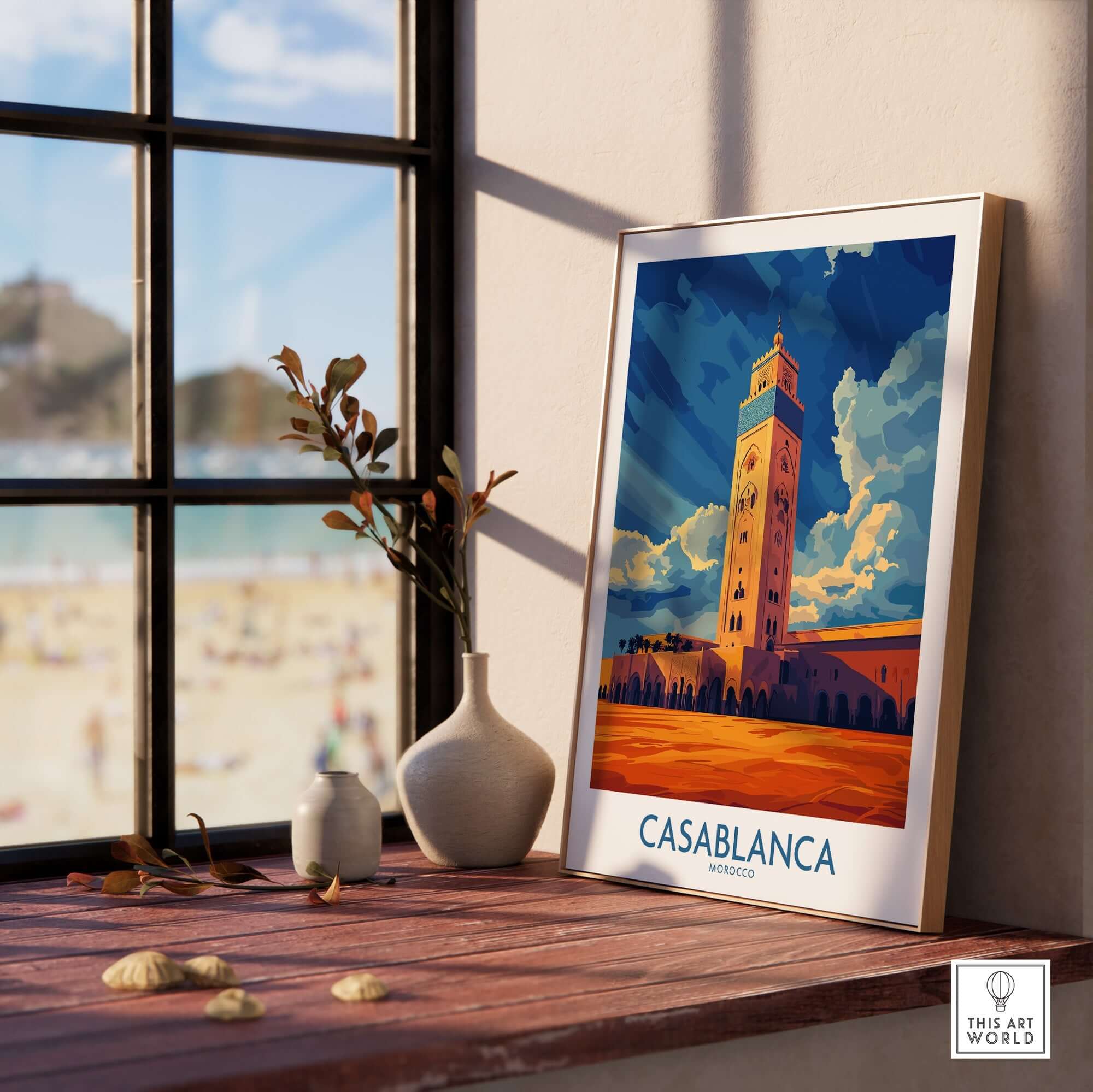 Casablanca Poster Morocco showcasing vibrant architecture and coastal view, perfect for home decor.
