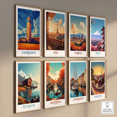 Casablanca Poster Morocco displayed among global city posters, showcasing vibrant art and cultural themes.