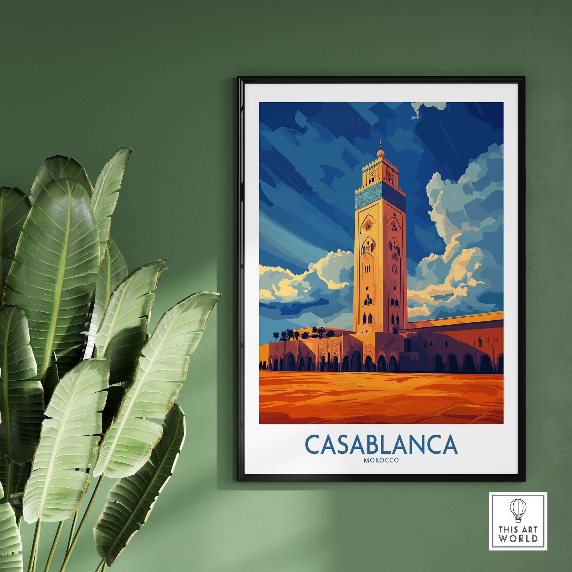 Casablanca Poster Morocco showcasing vibrant Moroccan architecture and colors in a framed wall art display.