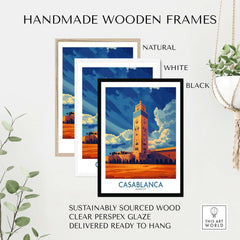 Handmade wooden frames for Casablanca Poster Morocco displayed in natural, white, and black finishes.