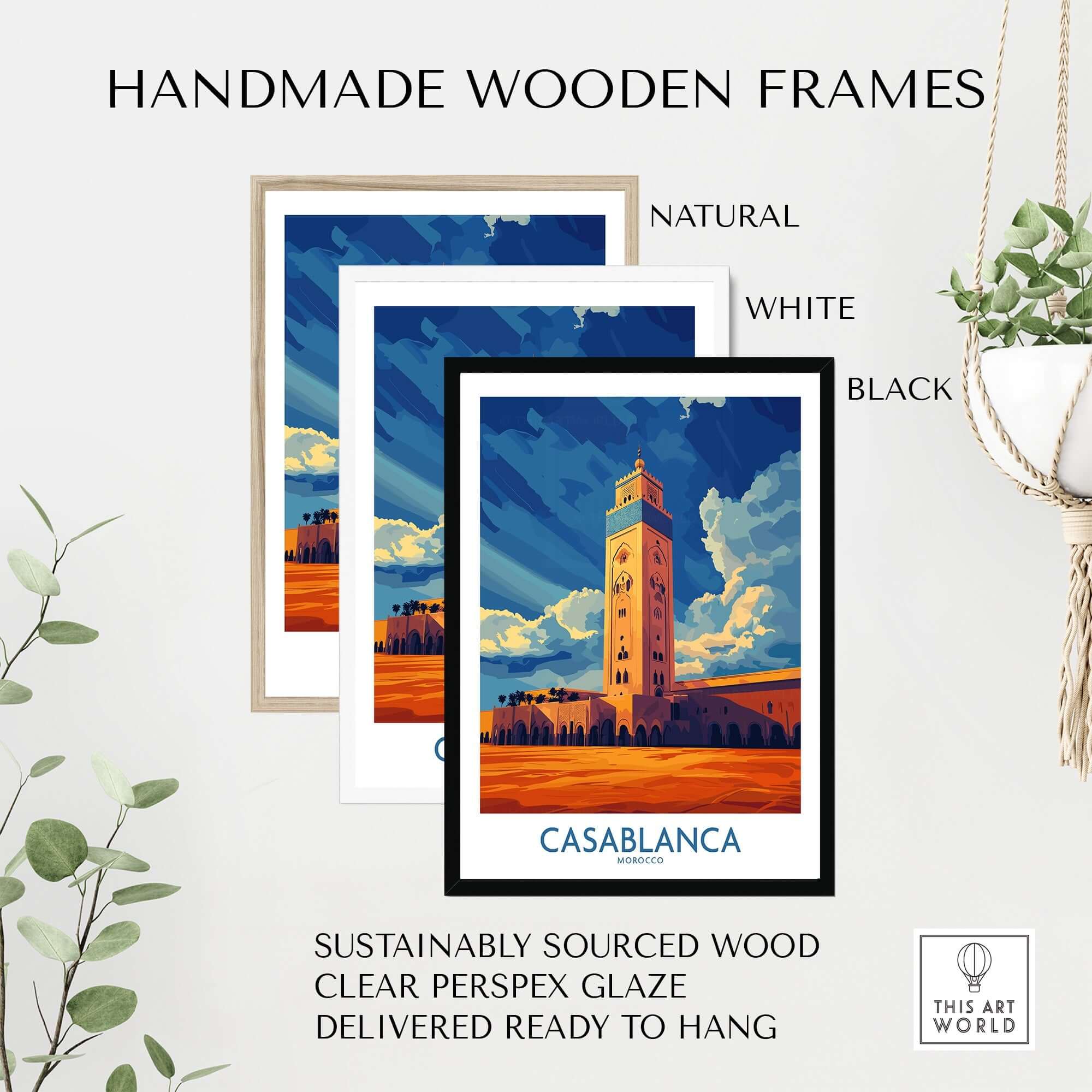 Handmade wooden frames for Casablanca Poster Morocco displayed in natural, white, and black finishes.