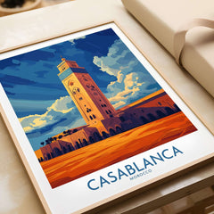 Casablanca Poster Morocco featuring a vibrant illustration of a building in Morocco against a colorful sky.