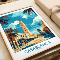Casablanca Poster showcasing vibrant Moroccan architecture and palm trees, perfect for home decor.