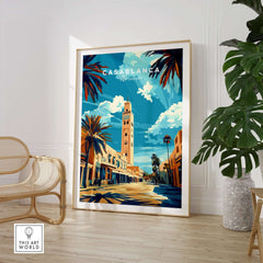 Casablanca Print showcasing an artistic depiction of Casablanca's architecture and vibrant colors in a stylish interior.