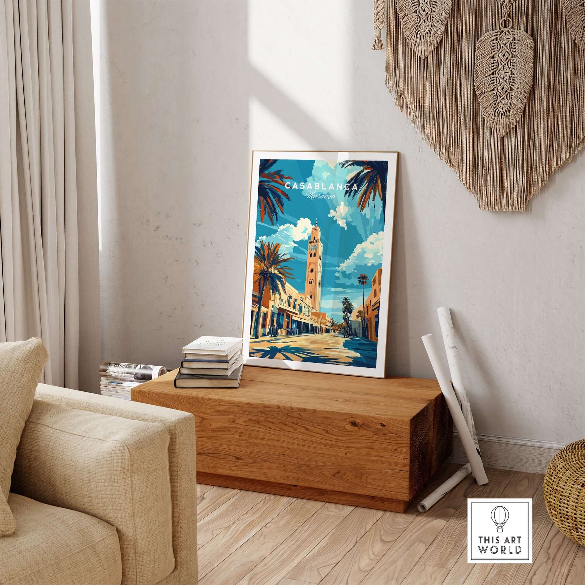 Casablanca Print featuring vibrant colors and intricate design, enhancing home decor with an exotic touch in a cozy setting.