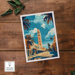 Casablanca Print featuring a vibrant street scene in Morocco with palm trees and a historic tower.
