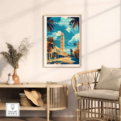 Casablanca Print showcasing a vibrant design of a Moroccan street scene with palm trees in a modern living room.