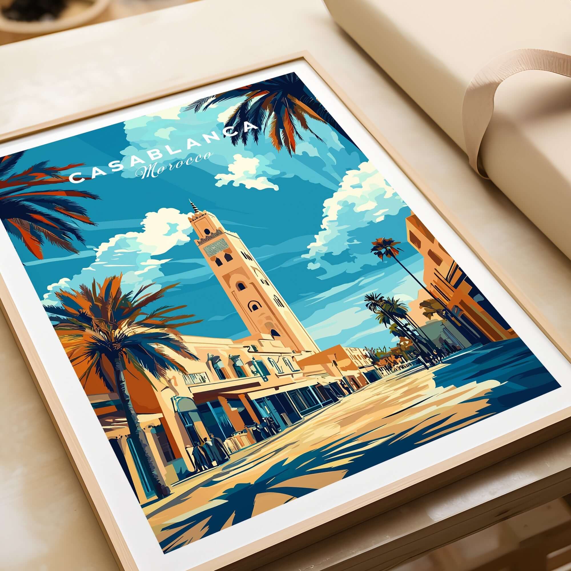 A vibrant Casablanca Print featuring a Moroccan scene with palm trees and a tower, perfect for home decor.