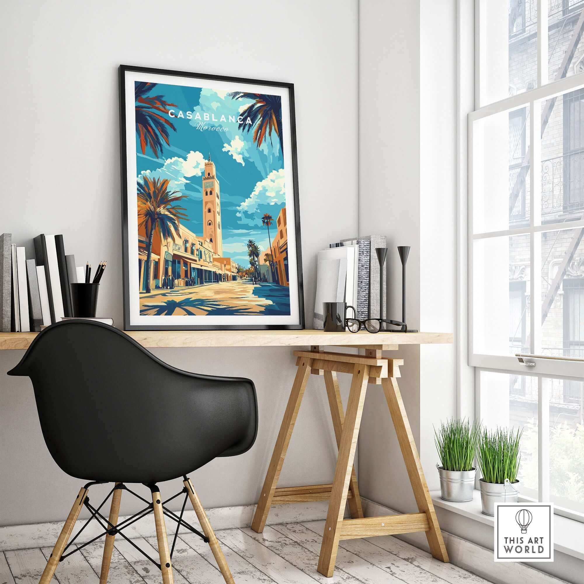 Casablanca Print displayed on a wall in a stylish room with a modern chair and plants.