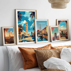 Casablanca Print showcased among other travel-themed prints on a stylish bed, enhancing home decor.