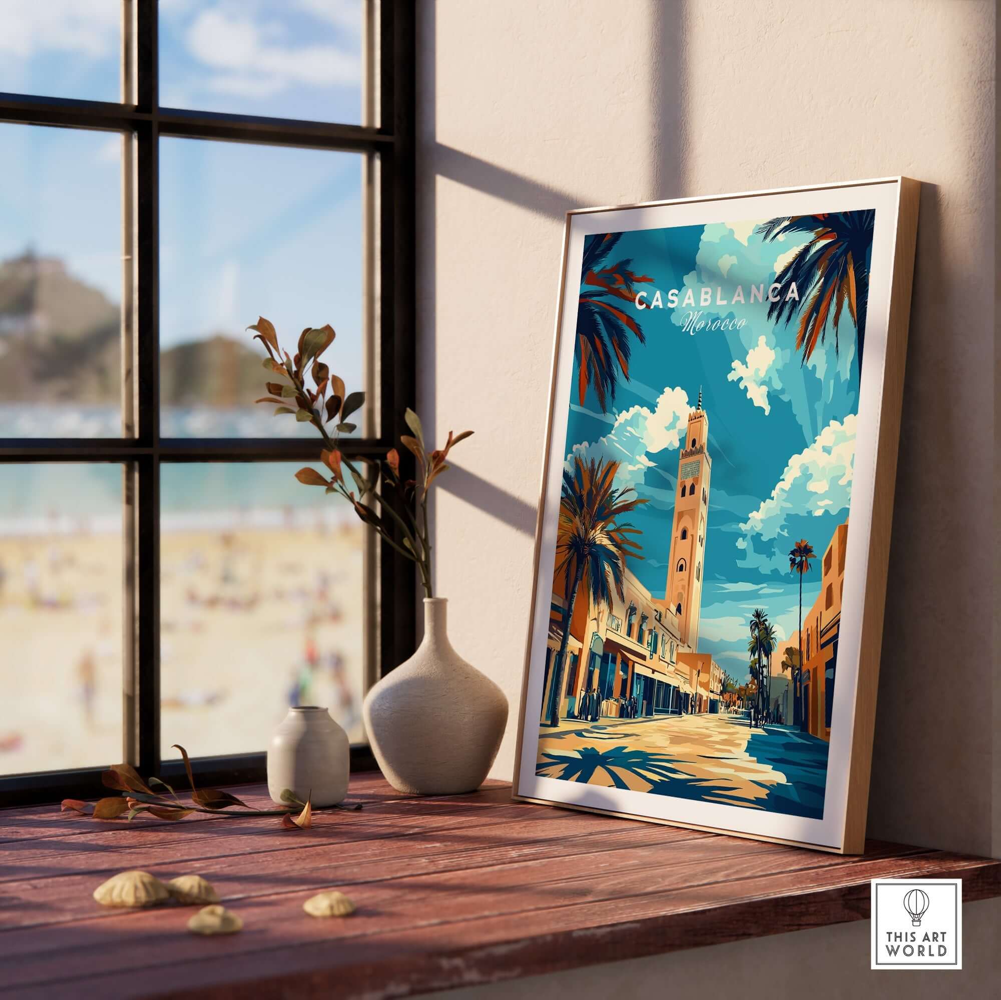 Casablanca Print showcasing a vibrant design with a tower and palm trees, enhancing home decor.