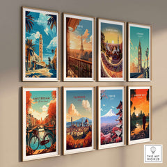 Gallery wall featuring various city prints including Casablanca Print, vibrant art from different destinations.