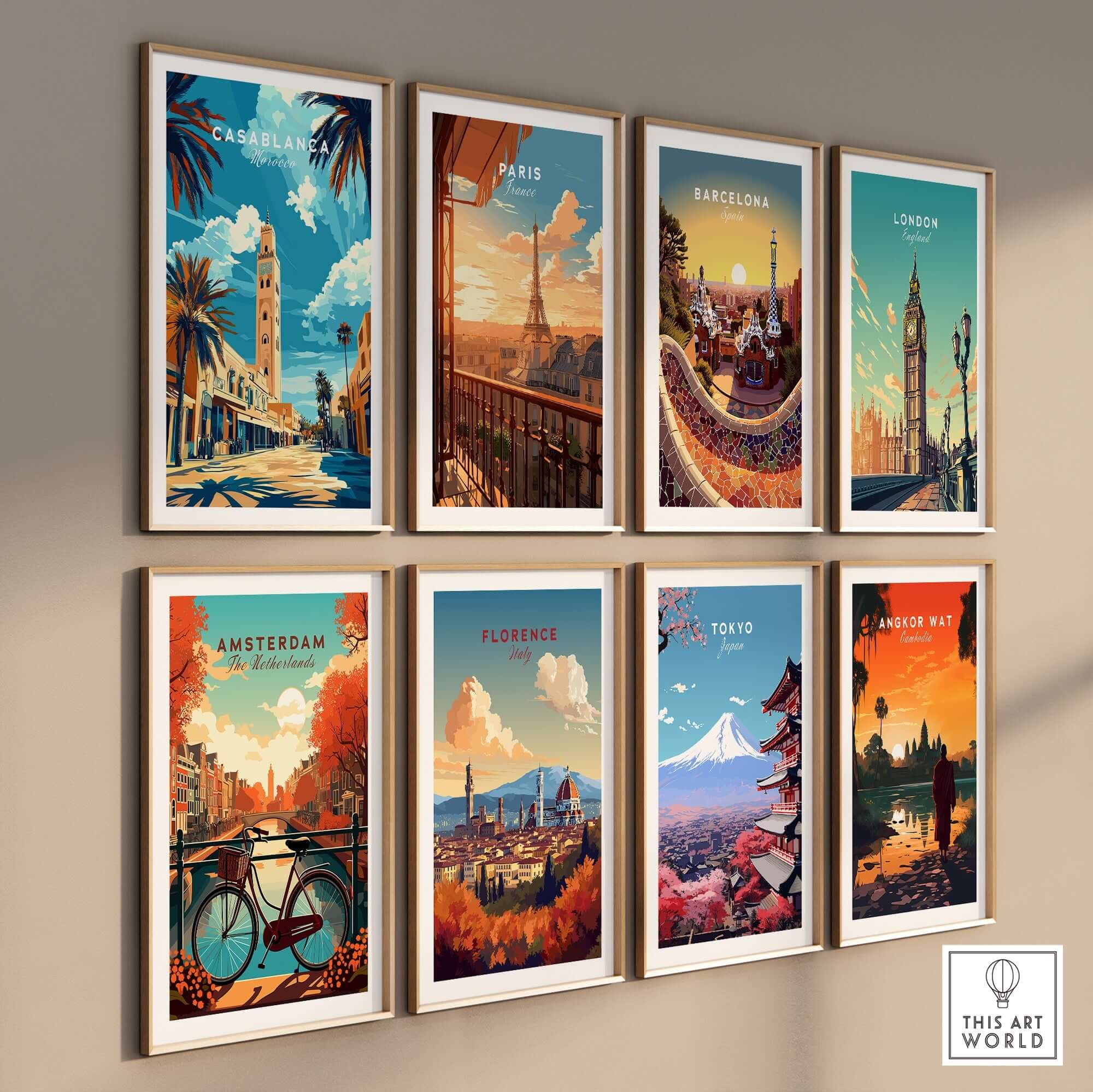 Gallery wall featuring various city prints including Casablanca Print, vibrant art from different destinations.