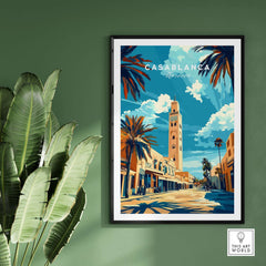 Casablanca Print featuring a vibrant illustration of Casablanca with palm trees and architecture.