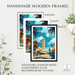 Handmade wooden frames showcasing the Casablanca Print with vibrant colors and palm trees.