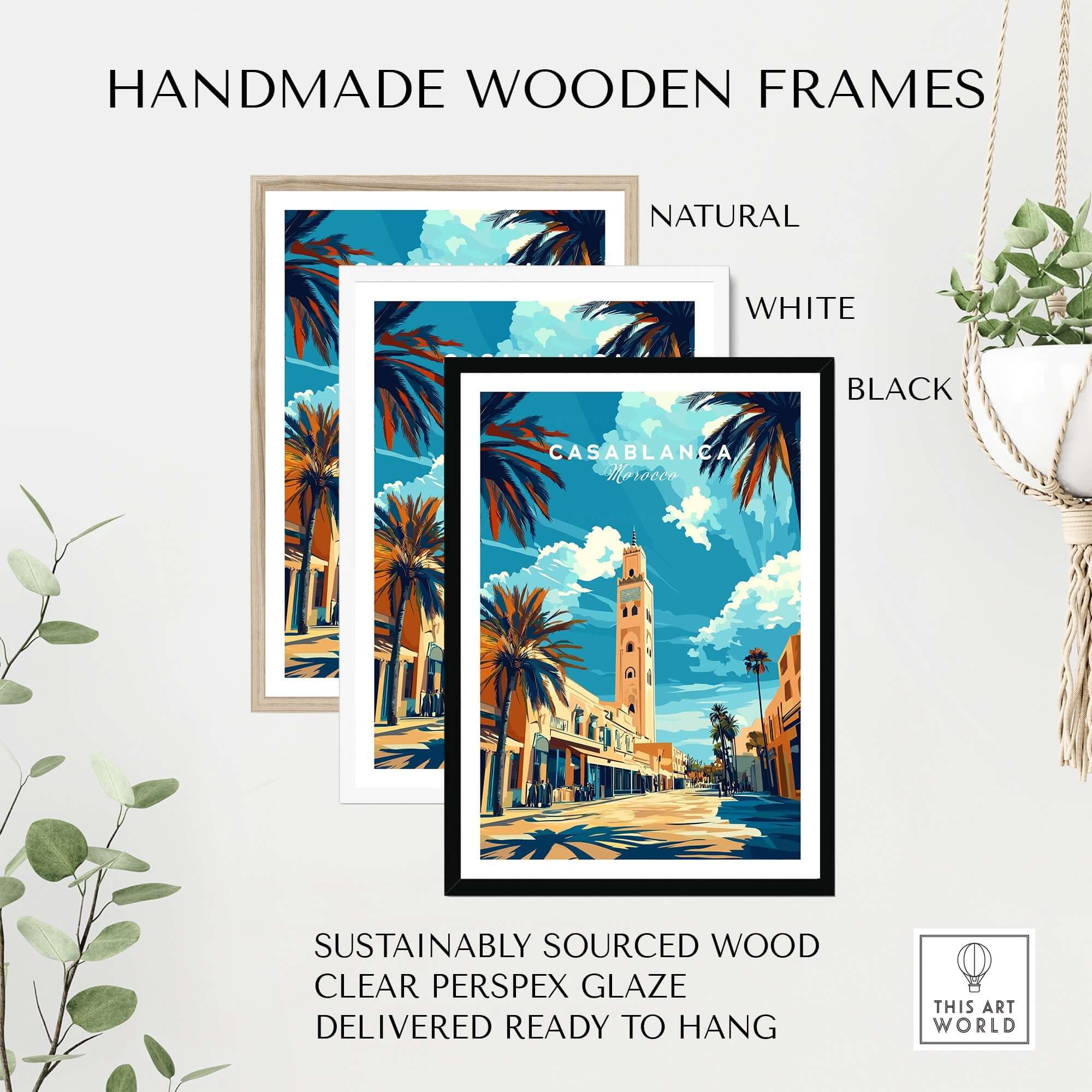 Handmade wooden frames showcasing the Casablanca Print with vibrant colors and palm trees.