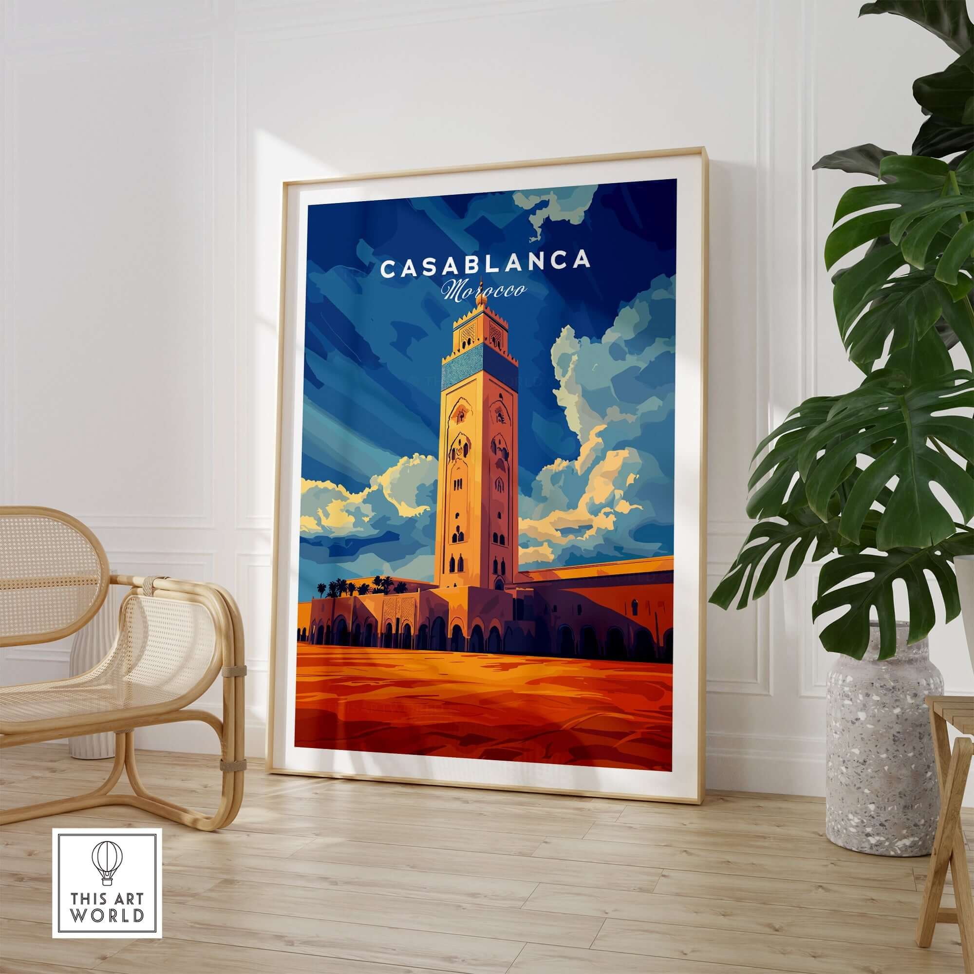 Casablanca Print Morocco artwork showcasing the iconic architecture and vibrant colors of Casablanca.