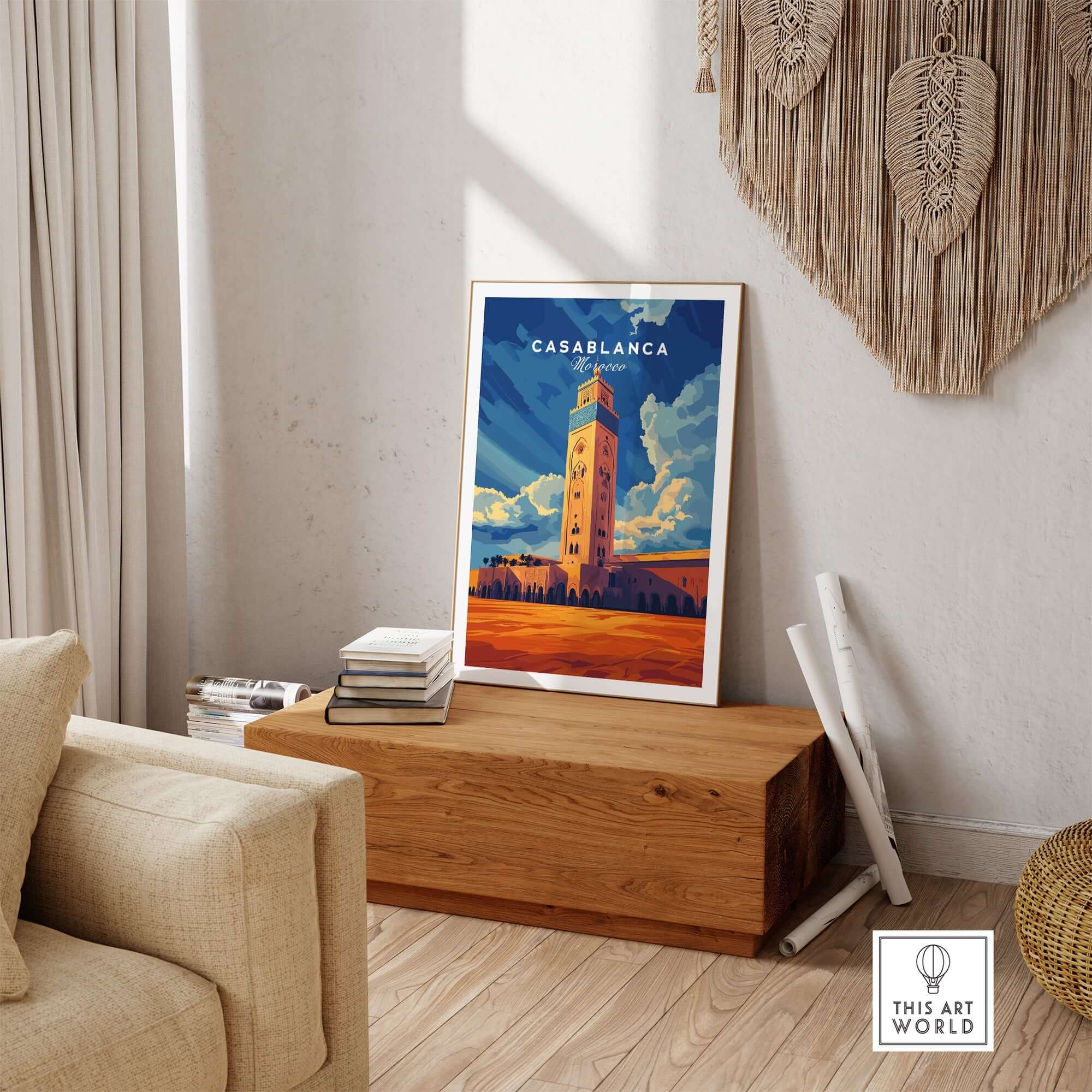 Casablanca Print Morocco displayed in a cozy living room setting, showcasing vibrant Moroccan-inspired design.