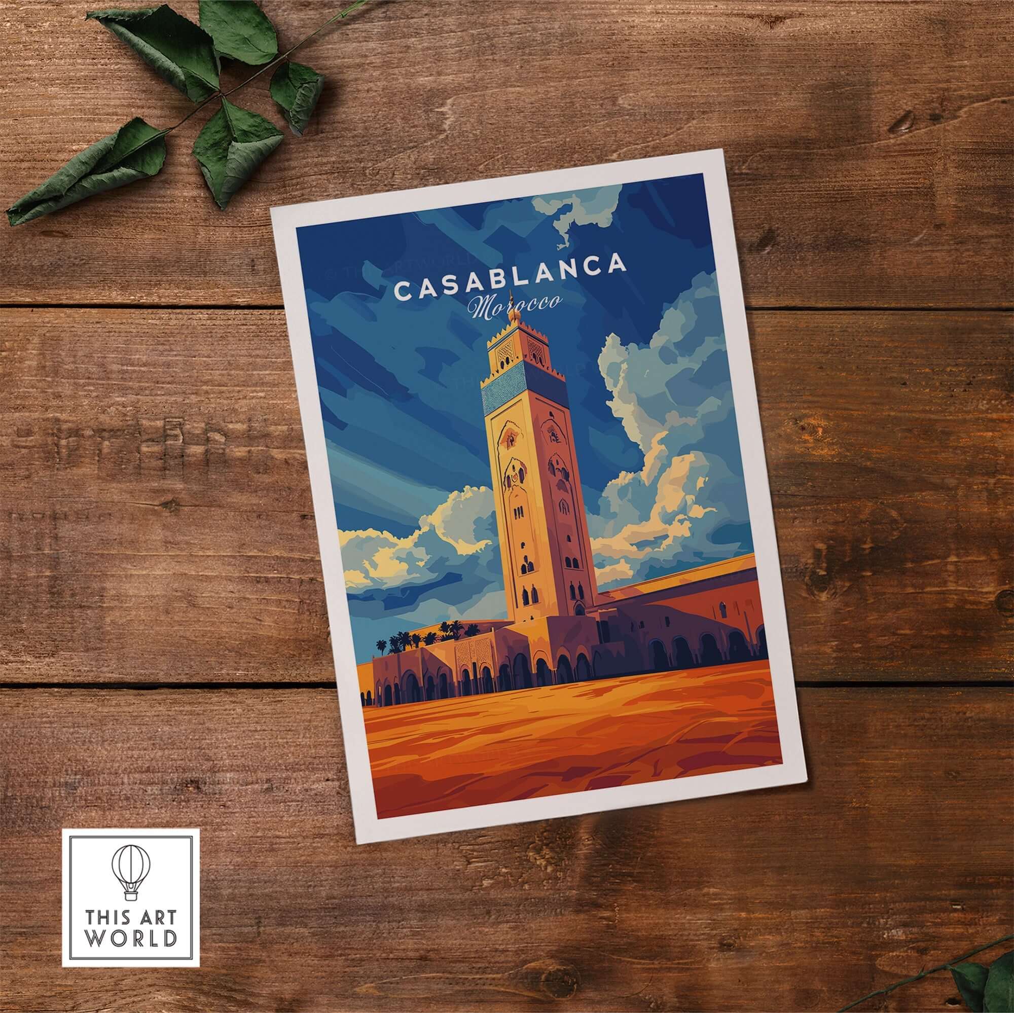 Casablanca Print Morocco featuring the iconic tower of Casablanca against a vibrant sky and desert landscape.