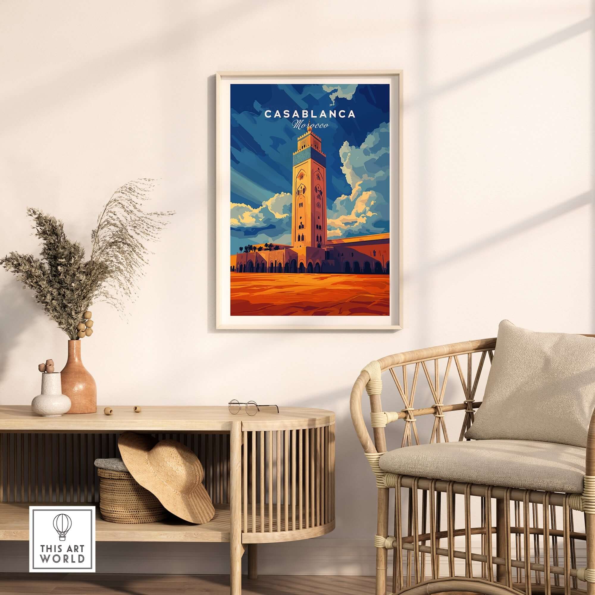 Casablanca Print Morocco featuring a vibrant design of Moroccan architecture in an elegant interior setting.