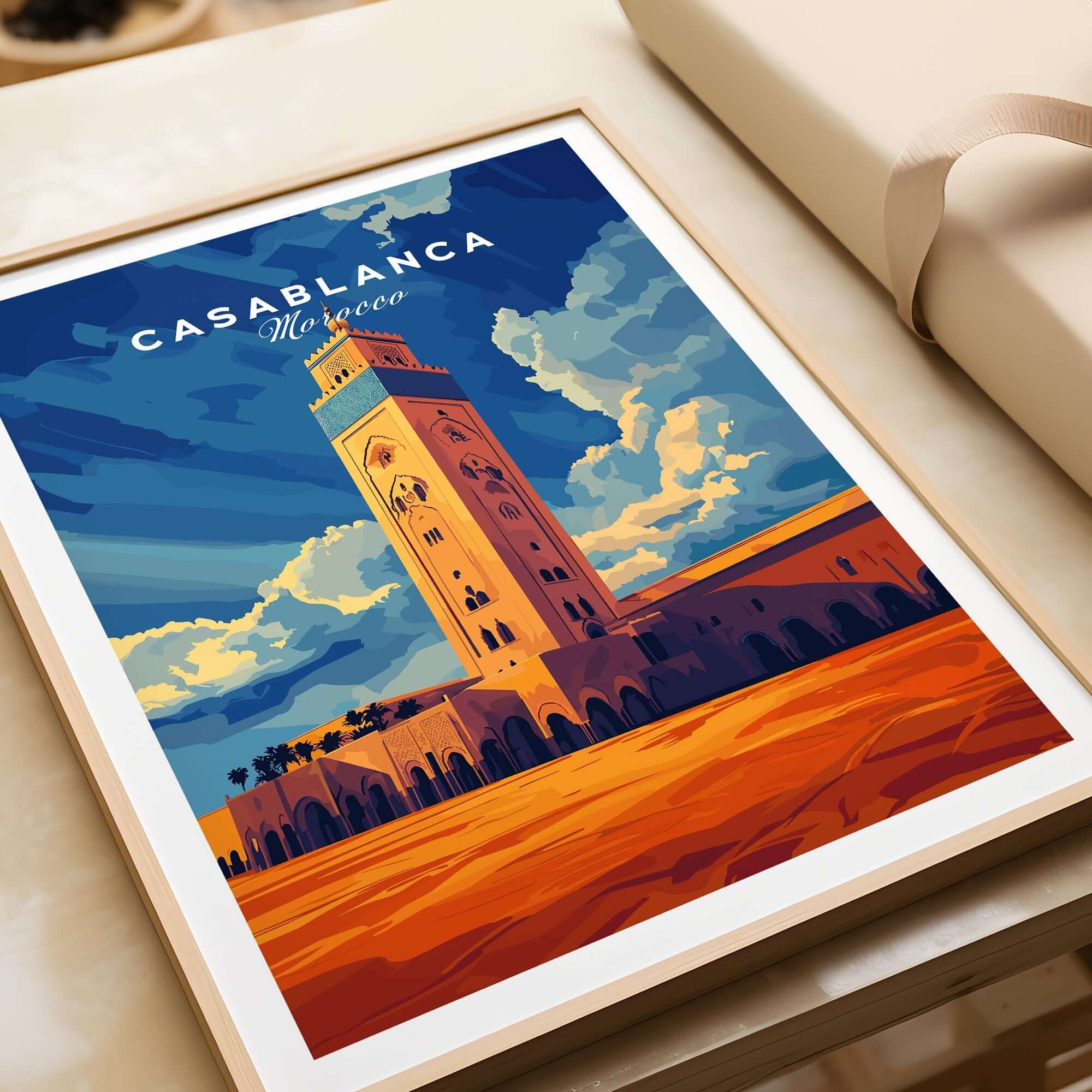 Casablanca Print Morocco featuring a vibrant illustration of a tower in blue and orange hues.