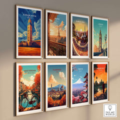 Casablanca Print Morocco showcasing vibrant city-themed artwork in a gallery wall arrangement.