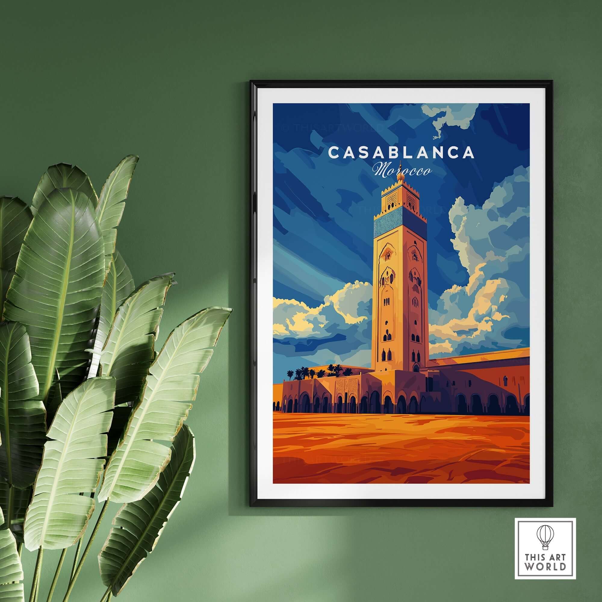 Casablanca Print Morocco artwork featuring the iconic architecture and vibrant colors of Casablanca, Morocco.