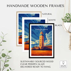 Handmade wooden frames for Casablanca Print Morocco in natural, white, and black colors.