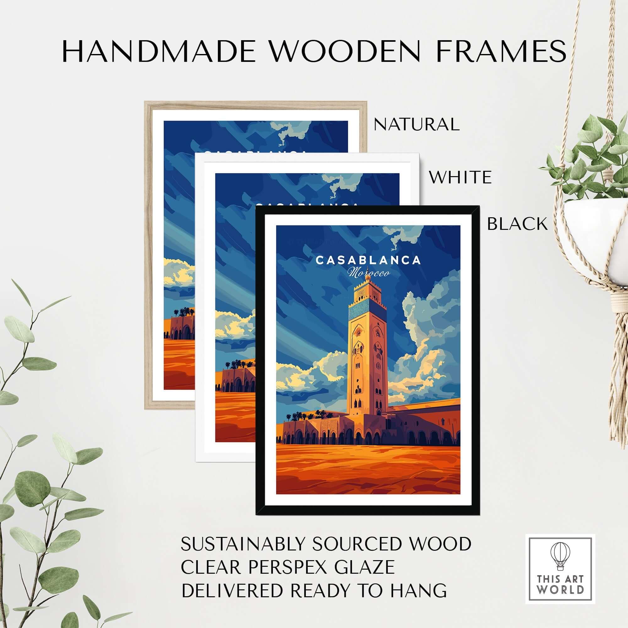 Handmade wooden frames for Casablanca Print Morocco in natural, white, and black colors.