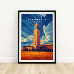 Casablanca Print Morocco showcased in a framed art print featuring the iconic tower and vibrant colors of Casablanca, Morocco.