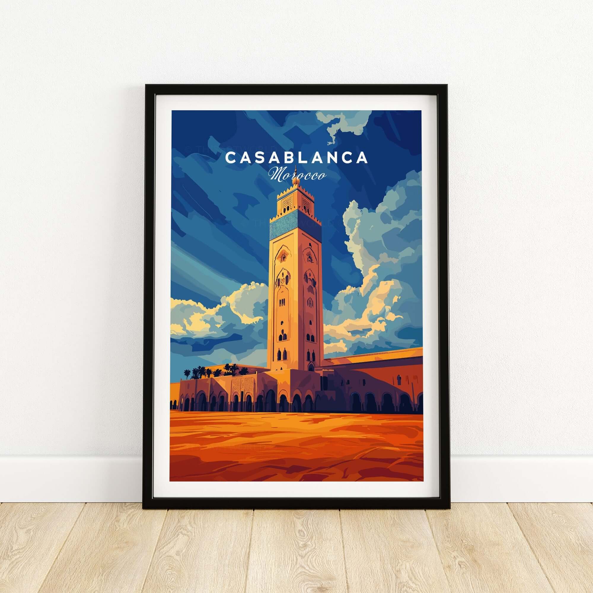 Casablanca Print Morocco showcased in a framed art print featuring the iconic tower and vibrant colors of Casablanca, Morocco.