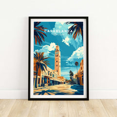 Casablanca Print vibrant artwork featuring a Moroccan tower and palm trees, perfect for home decor.