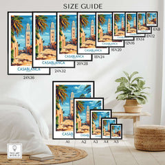 Casablanca Travel Poster size guide showcasing various dimensions and framing options for the Casablanca Travel Poster.