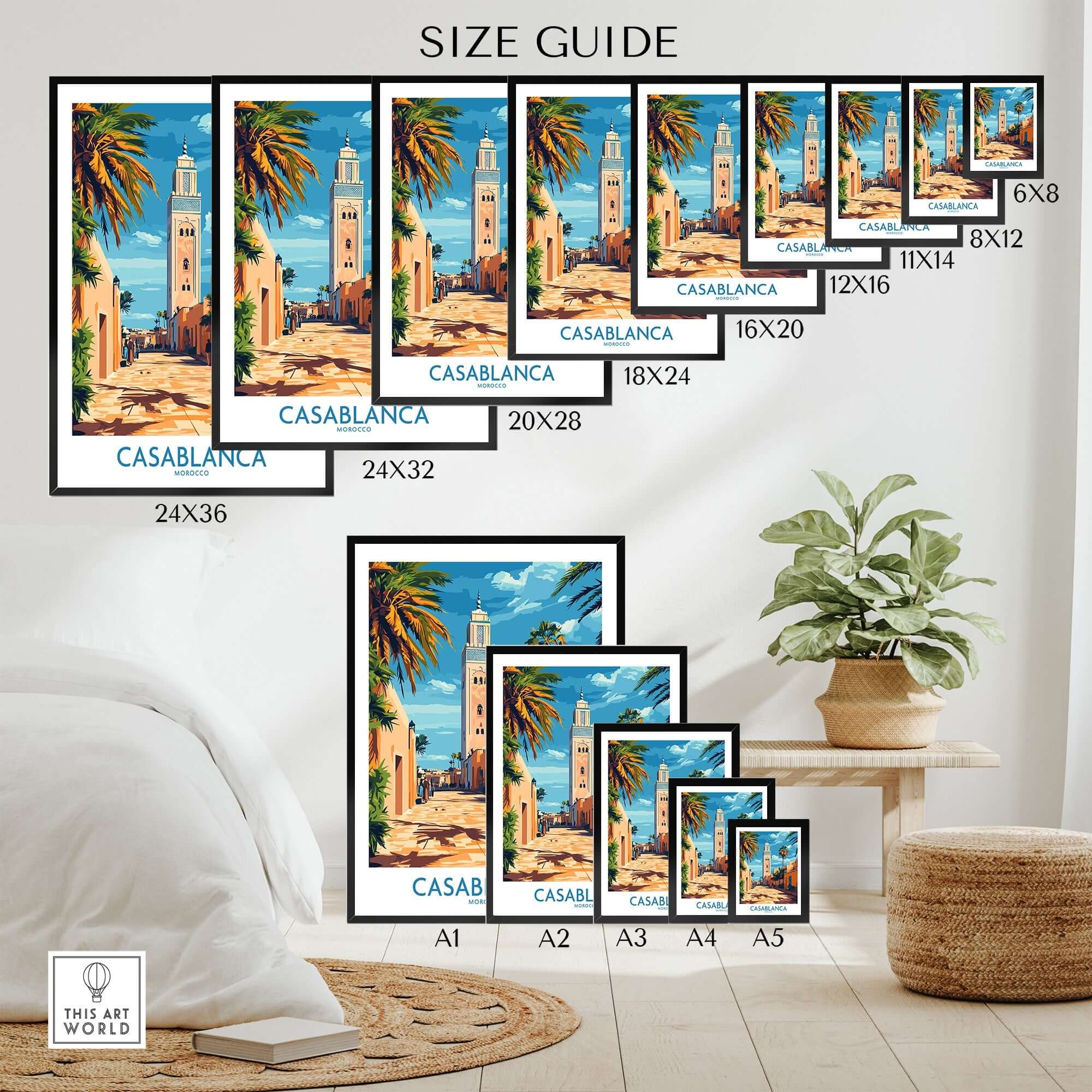 Casablanca Travel Poster size guide showcasing various dimensions and framing options for the Casablanca Travel Poster.
