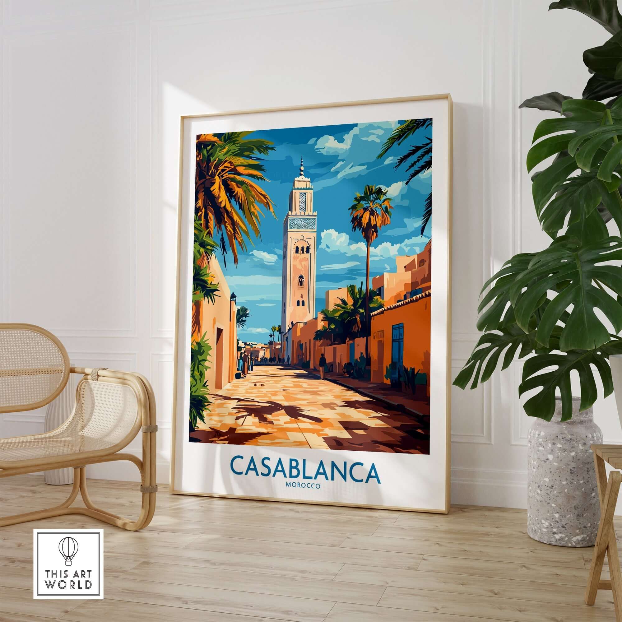 Casablanca Travel Poster showcasing vibrant architecture and palm trees in Morocco.