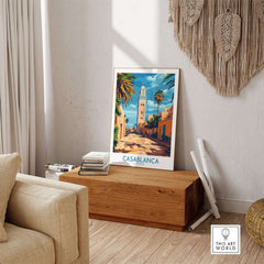 Casablanca Travel Poster showcasing vibrant colors and imagery of Morocco, perfect for travelers and lovers of exotic destinations.