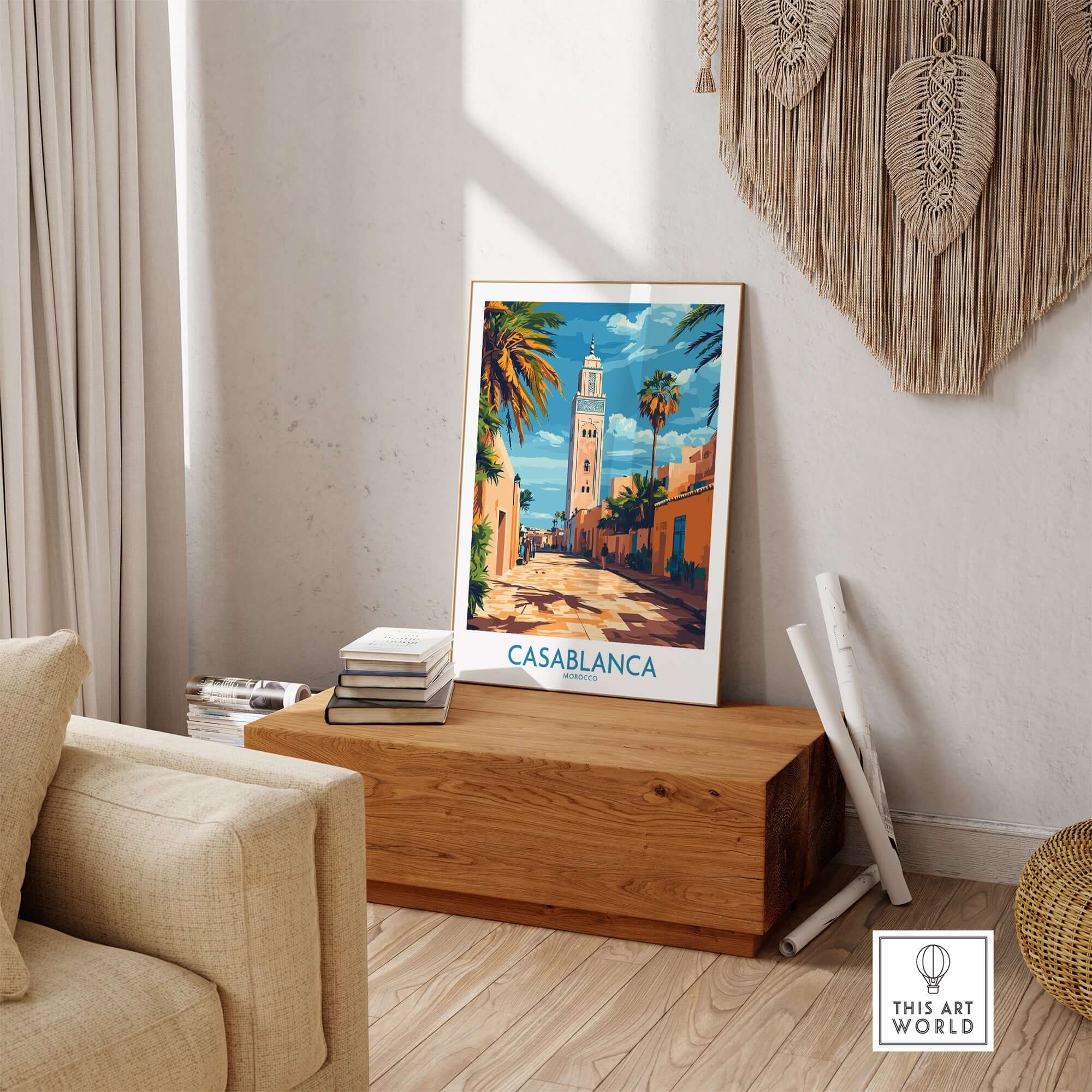 Casablanca Travel Poster showcasing vibrant colors and imagery of Morocco, perfect for travelers and lovers of exotic destinations.