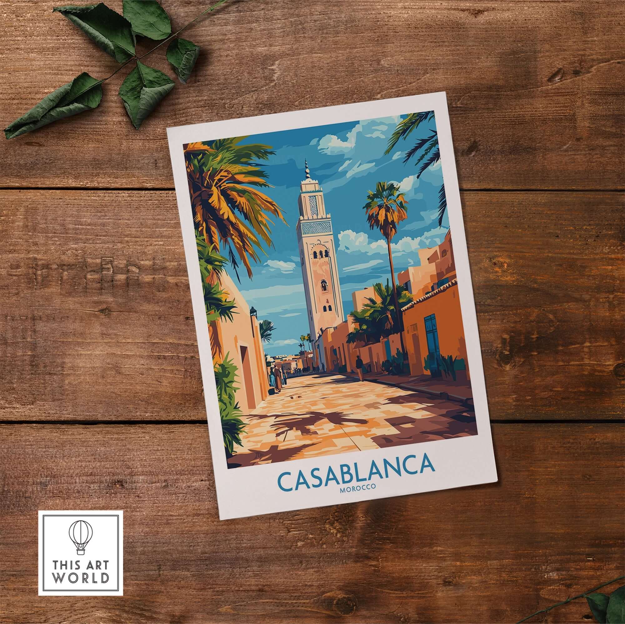 Casablanca Travel Poster showcasing vibrant scenery of Morocco with palm trees and architecture.