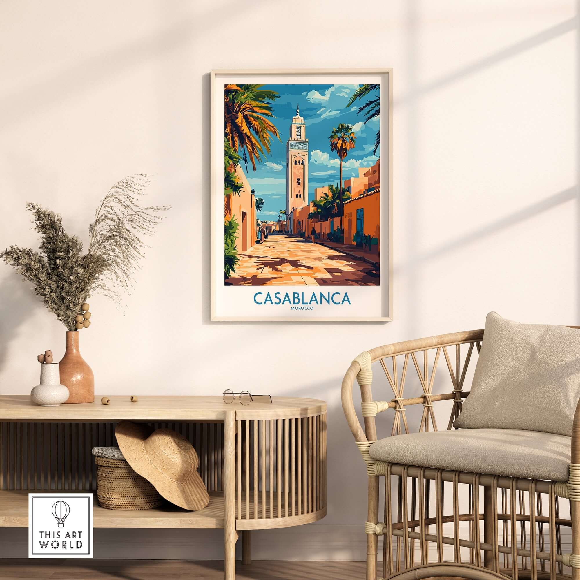 Casablanca Travel Poster showcasing vibrant street scene in Morocco with palm trees and historical architecture.