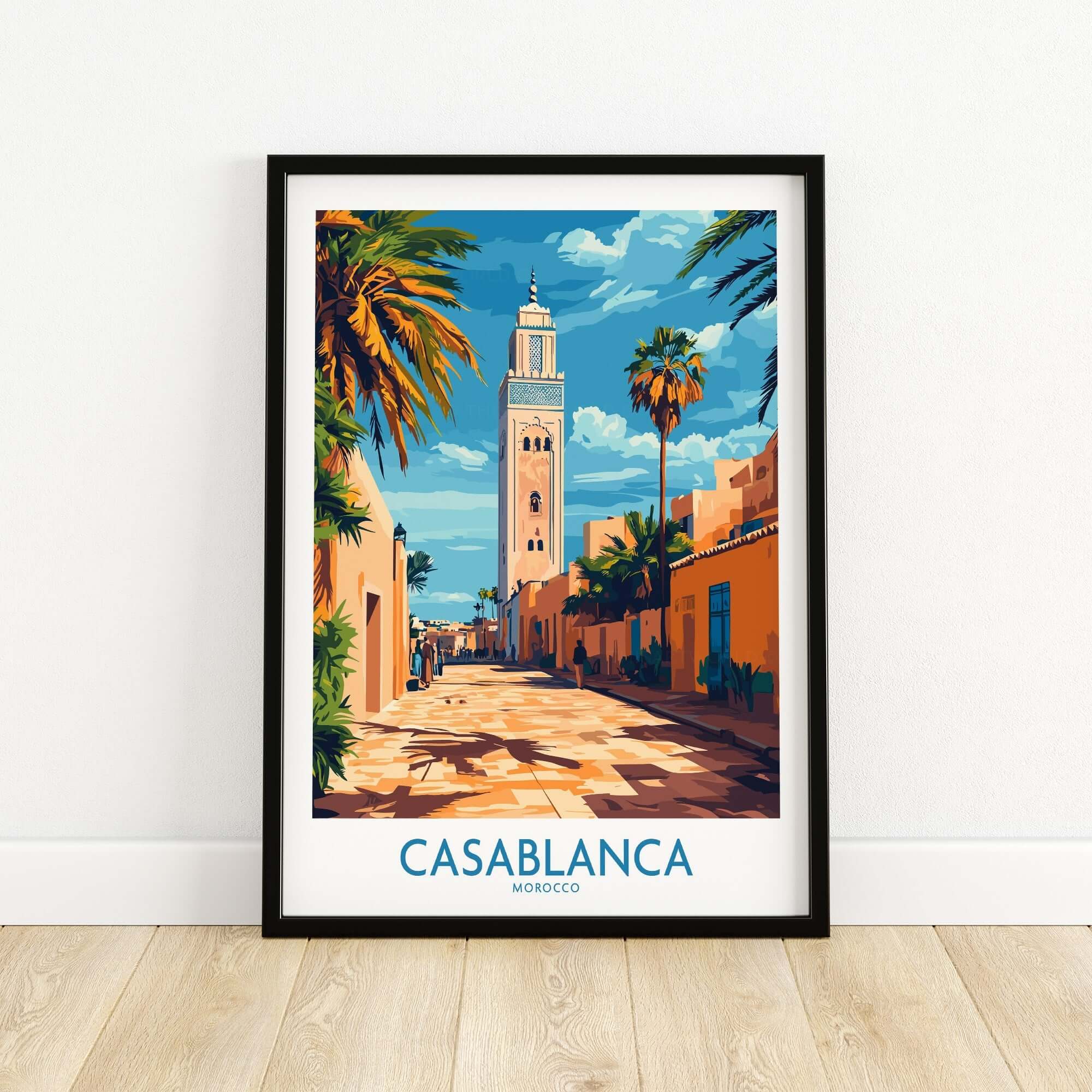 Casablanca Travel Poster featuring vibrant street view and architecture of Morocco with palm trees.