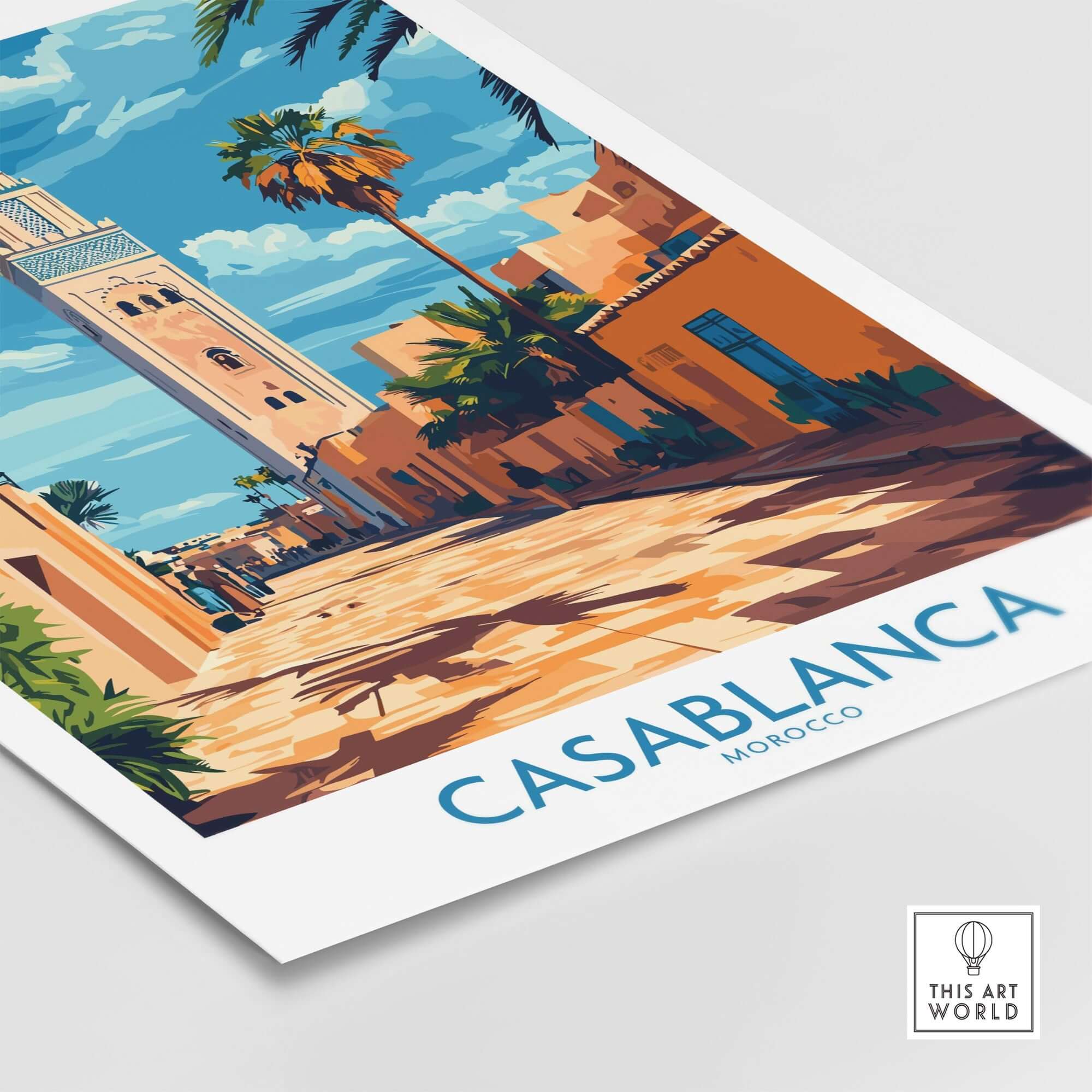 Casablanca Travel Poster featuring vibrant imagery of Moroccan architecture and palm trees.