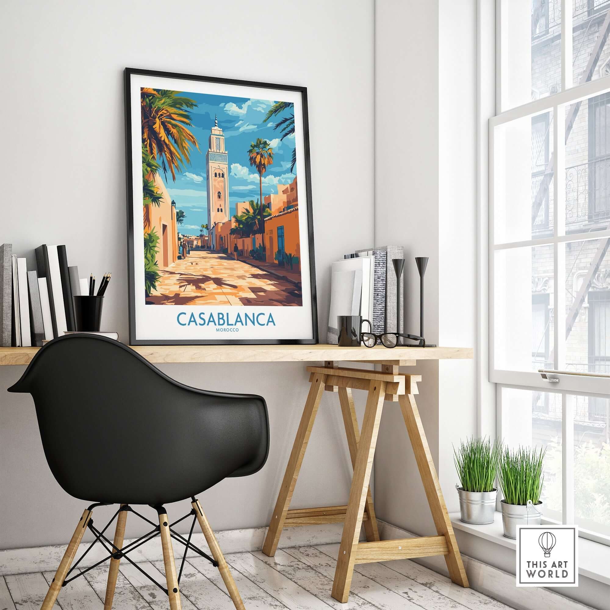 Casablanca Travel Poster showcasing vibrant colors and stunning imagery of Morocco, perfect for travel enthusiasts.