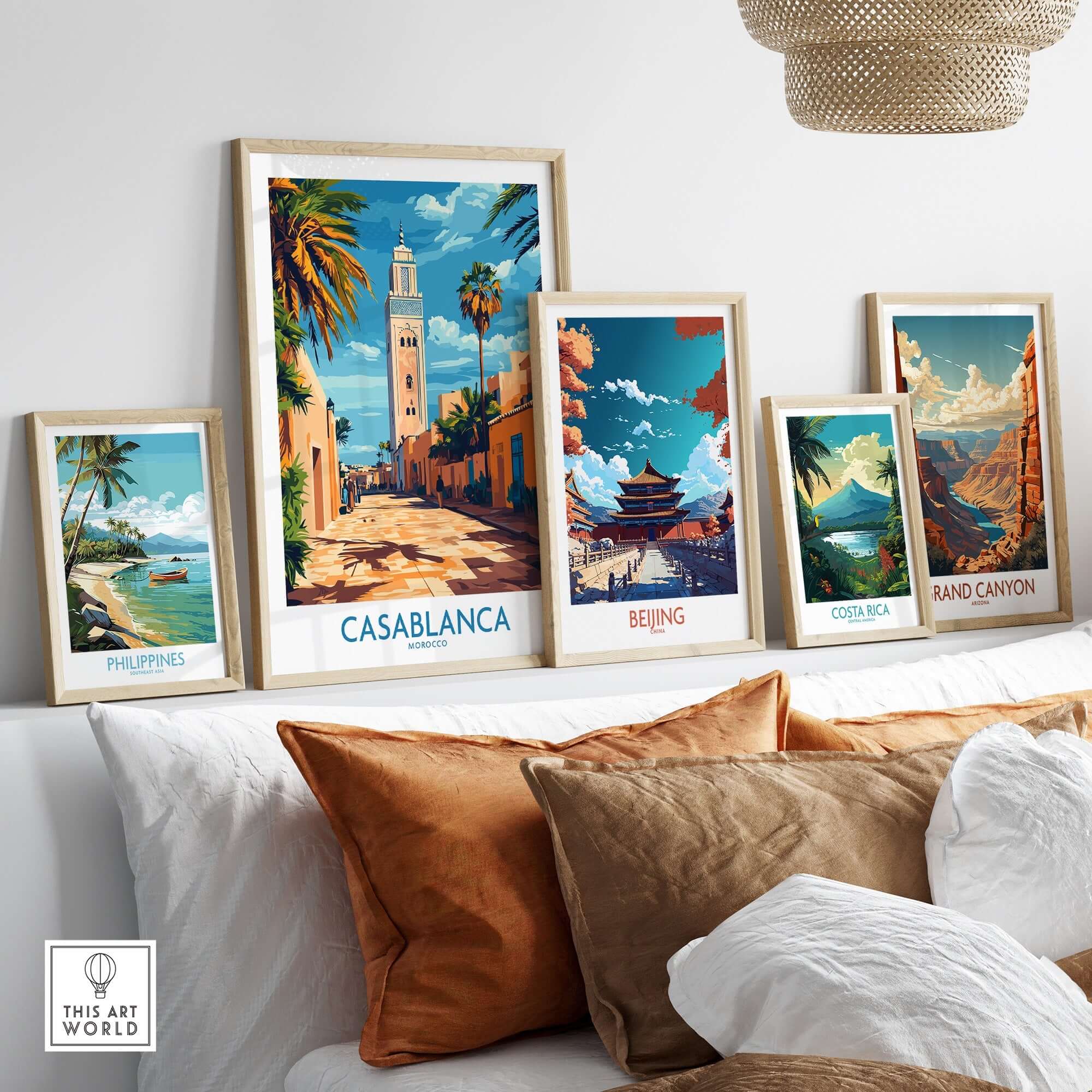 Casablanca Travel Poster displayed among other travel posters, featuring vibrant colors and Moroccan scenery.